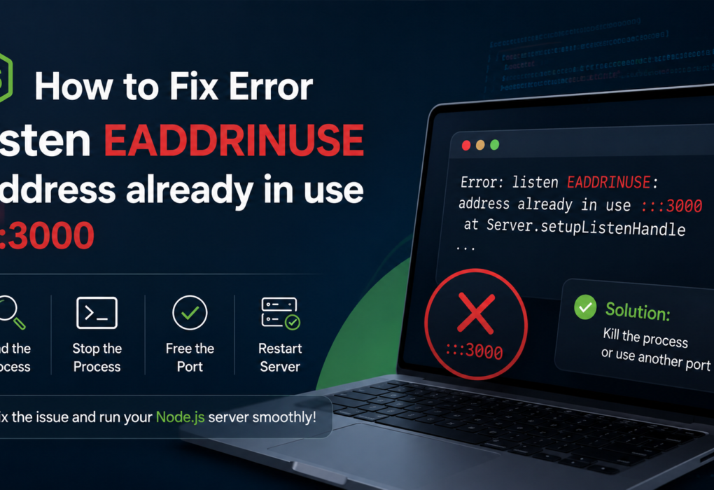 Infographic banner explaining how to fix Node.js error listen EADDRINUSE address already in use on port 3000 with a laptop terminal and a 4-step workflow.