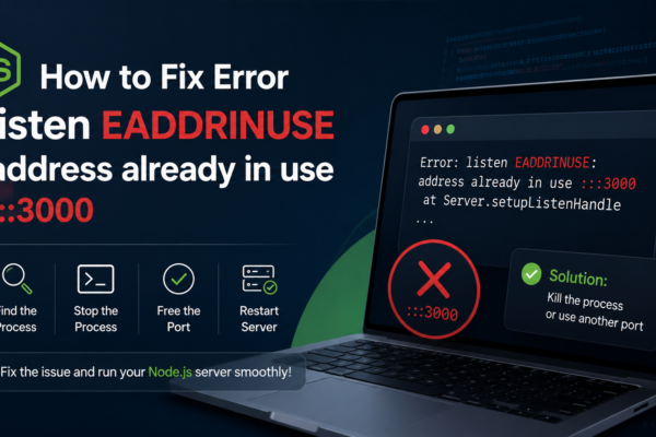 Infographic banner explaining how to fix Node.js error listen EADDRINUSE address already in use on port 3000 with a laptop terminal and a 4-step workflow.