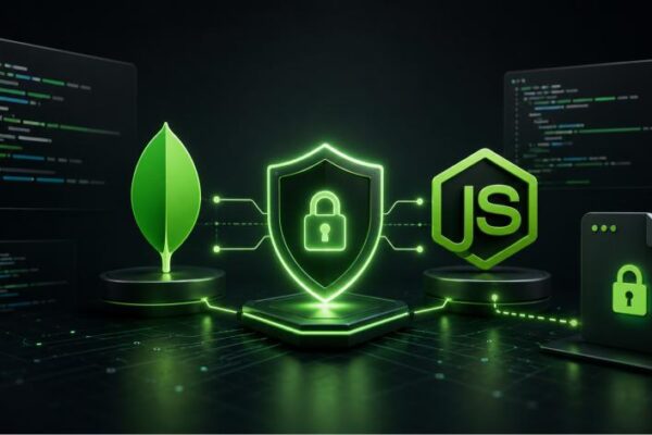 Glowing MongoDB and Node.js logos connected to a cybersecurity shield representing how to secure MongoDB Atlas using environment variables.