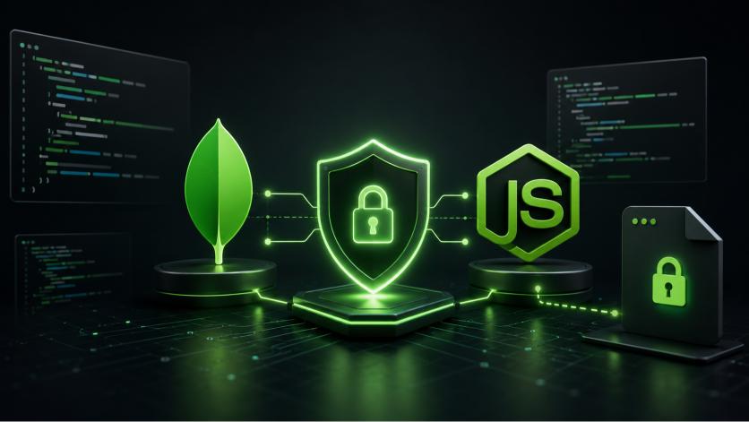 Glowing MongoDB and Node.js logos connected to a cybersecurity shield representing how to secure MongoDB Atlas using environment variables.