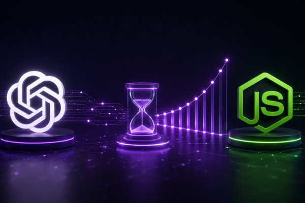 Glowing OpenAI and Node.js logos with a digital network queue indicator representing how to handle API rate limit 429 too many requests errors.