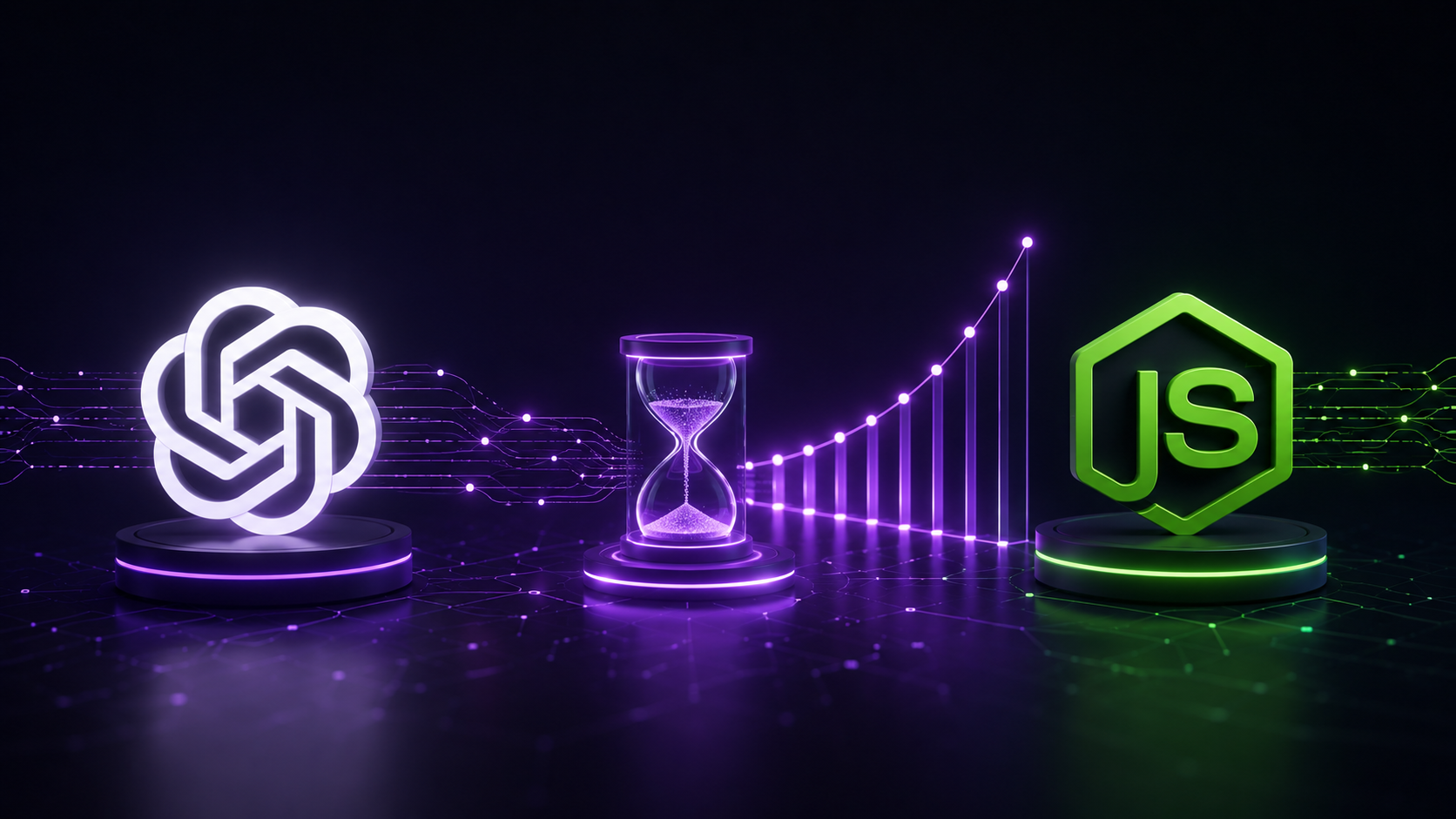 Glowing OpenAI and Node.js logos with a digital network queue indicator representing how to handle API rate limit 429 too many requests errors.