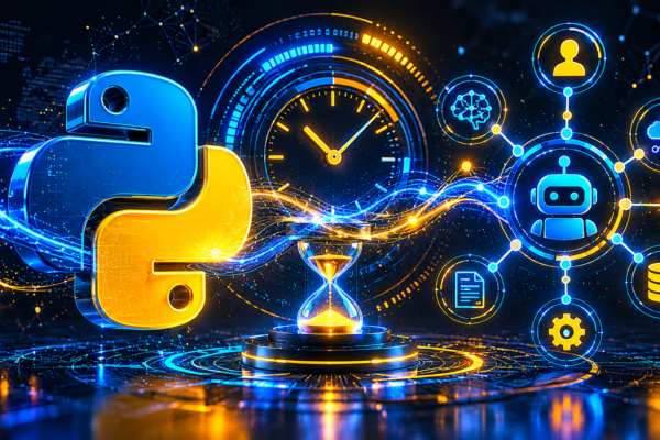 Python logo integrated with an AI agent network chain and a digital timer representing how to fix asyncio timeout errors in LangChain pipelines.