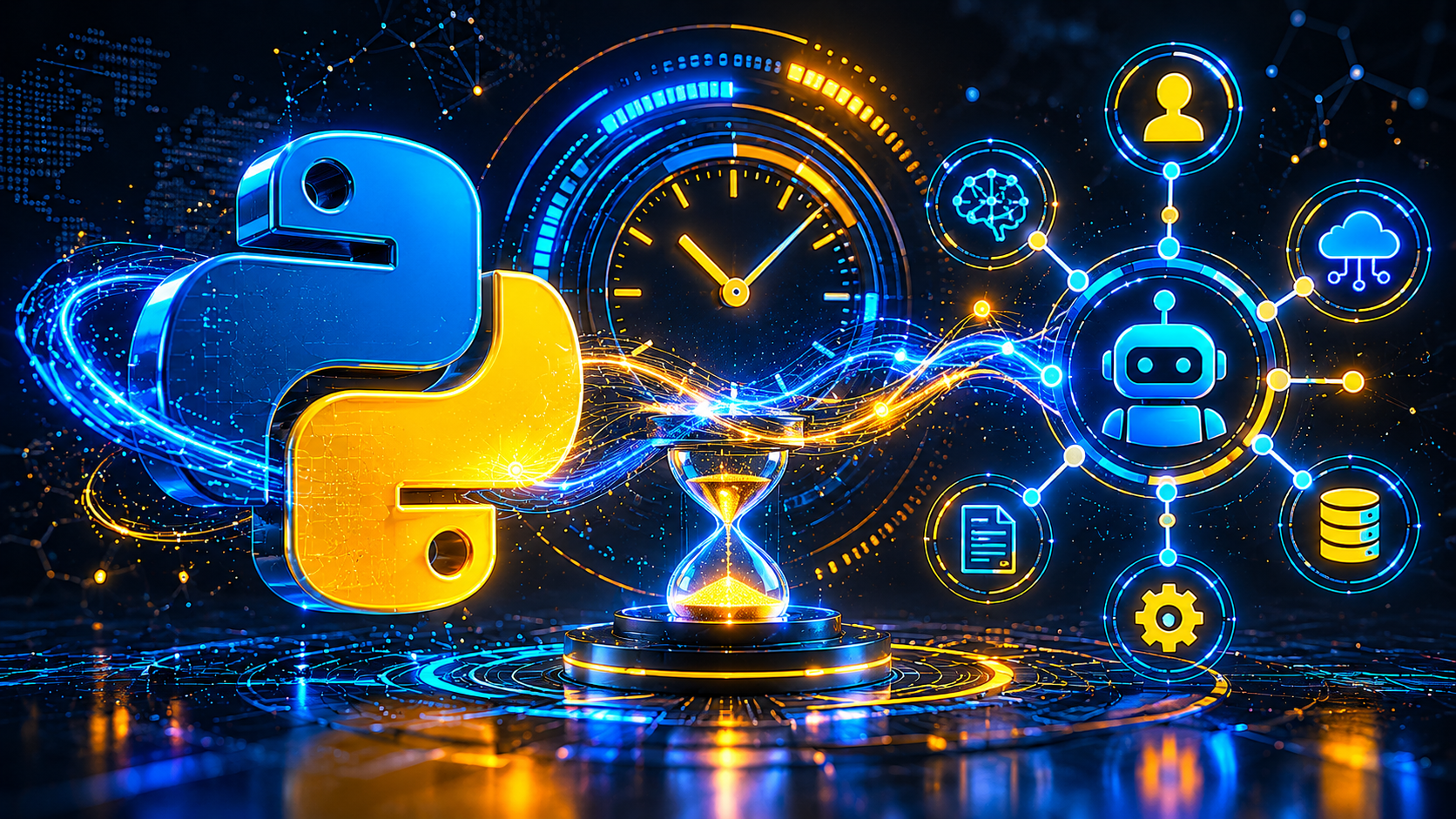 Python logo integrated with an AI agent network chain and a digital timer representing how to fix asyncio timeout errors in LangChain pipelines.
