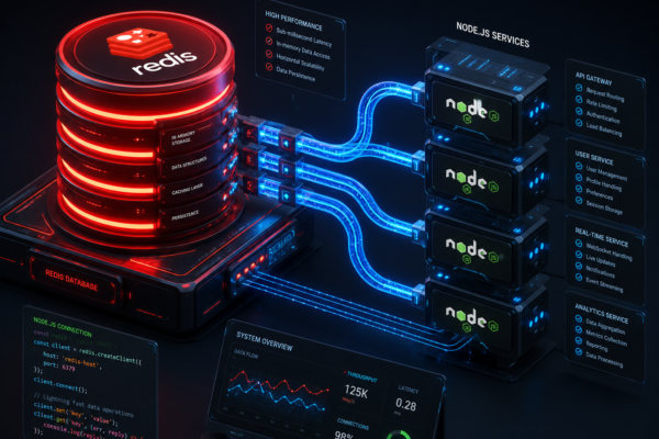 Conceptual visualization of an optimized Redis connection pool in Node.js backend infrastructure.