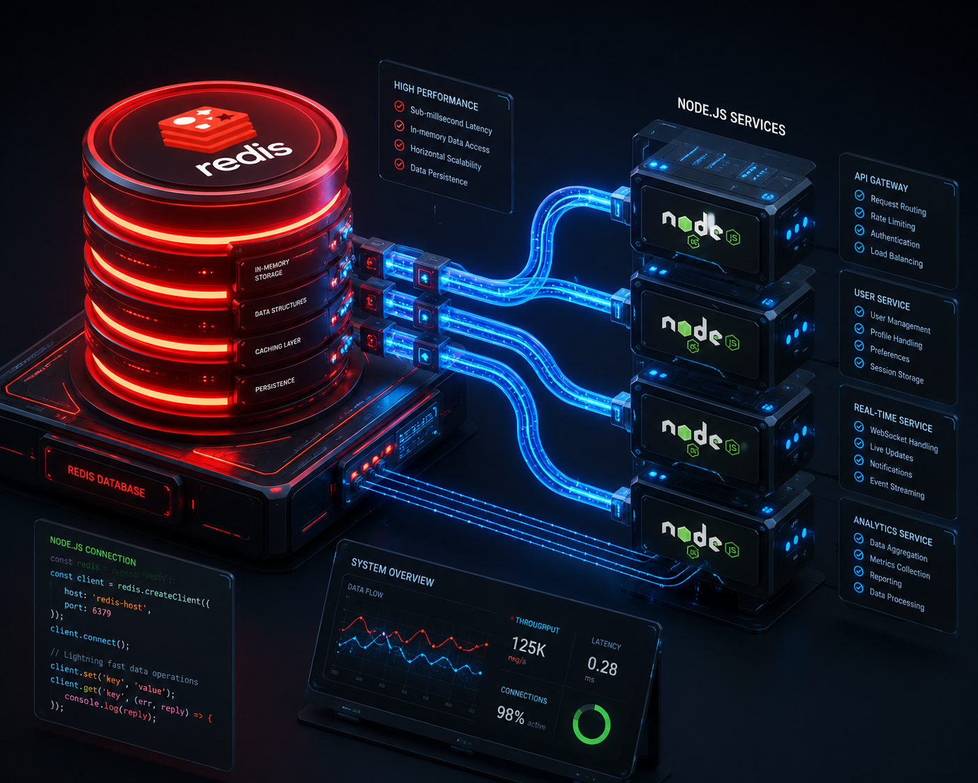 Conceptual visualization of an optimized Redis connection pool in Node.js backend infrastructure.