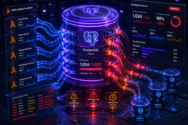 Abstract technical diagram representing PostgreSQL connection pool exhaustion and database leaks when deploying Prisma ORM in serverless functions.
