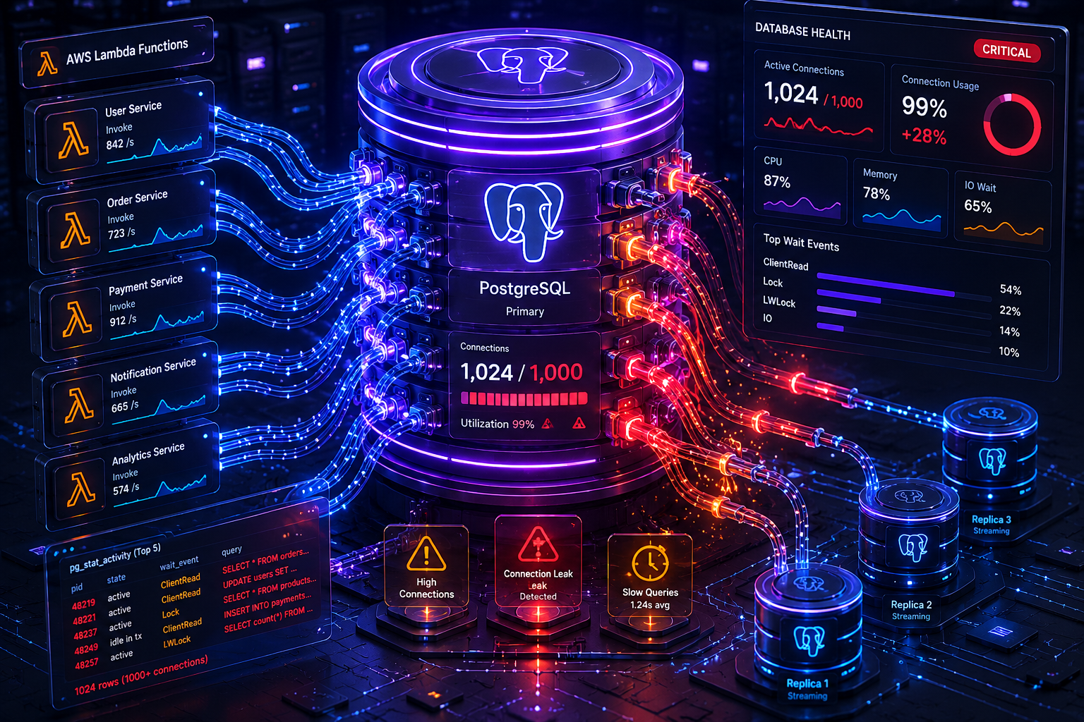 Abstract technical diagram representing PostgreSQL connection pool exhaustion and database leaks when deploying Prisma ORM in serverless functions.