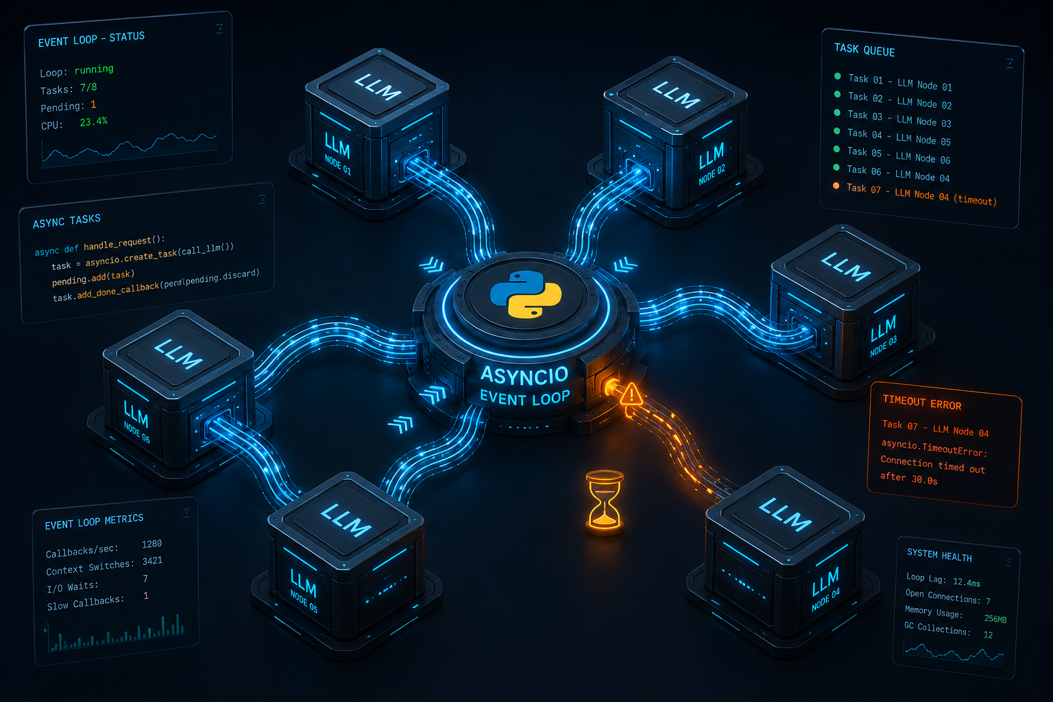 LangChain asyncio timeout error diagram showing an event loop hanging during concurrent LLM orchestration calls.