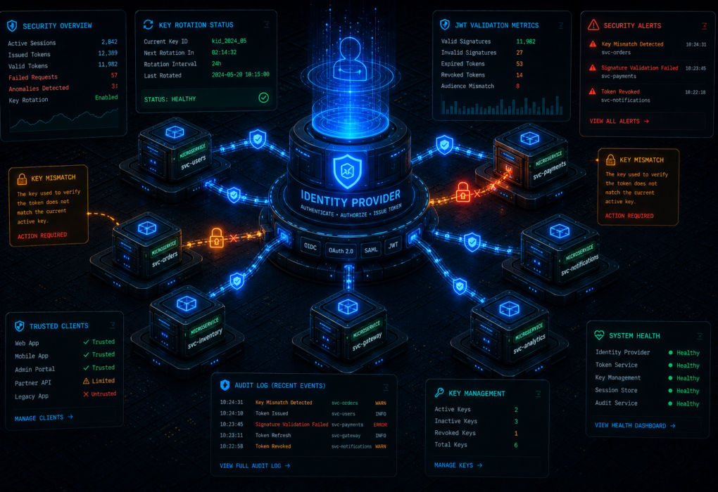 Distributed microservices architecture diagram highlighting JWT verification errors and JWKS public key cache miss vulnerabilities during key rotation.