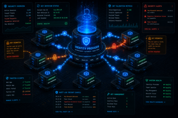 Distributed microservices architecture diagram highlighting JWT verification errors and JWKS public key cache miss vulnerabilities during key rotation.