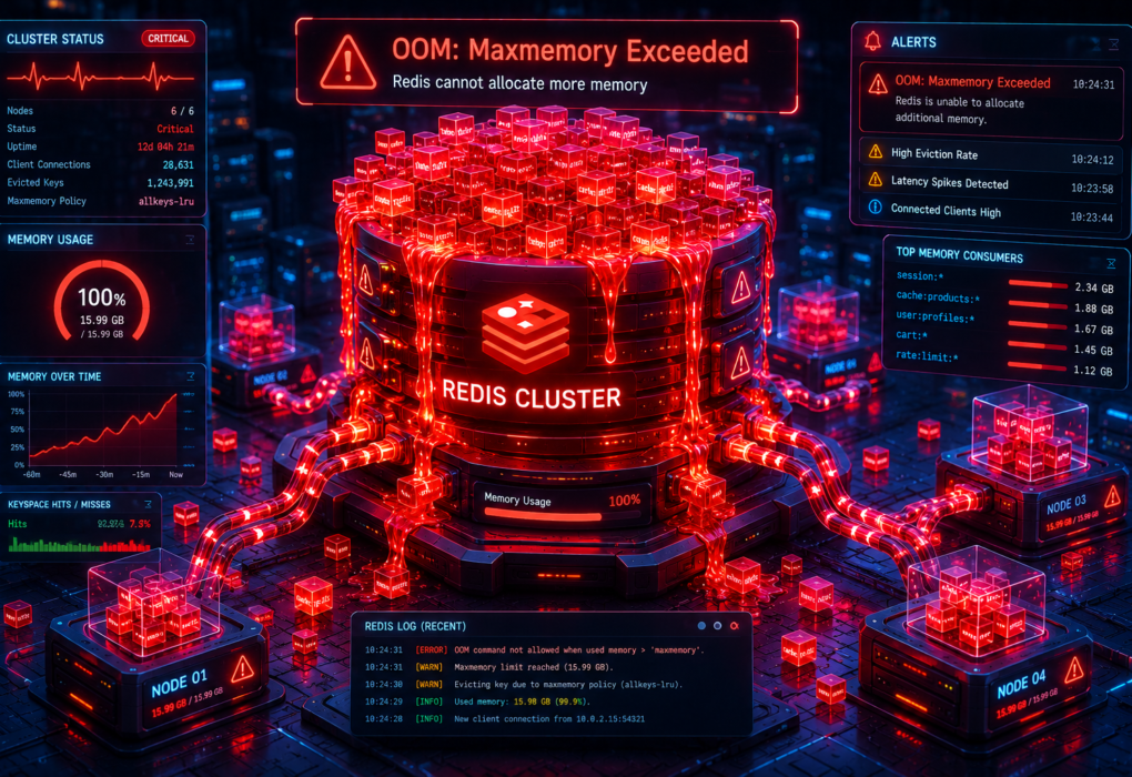 Redis database infrastructure diagram illustrating a maxmemory out of memory error and write command rejections.