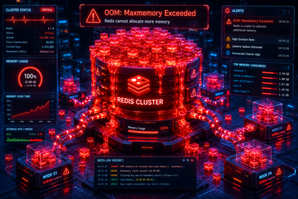Redis database infrastructure diagram illustrating a maxmemory out of memory error and write command rejections.