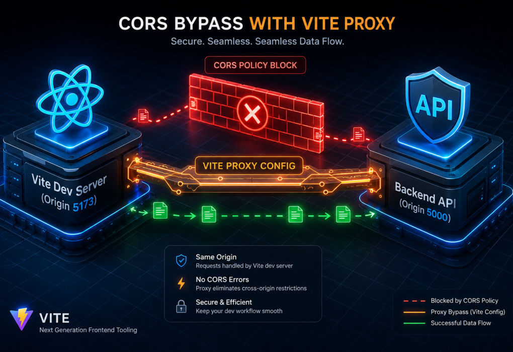 Architectural diagram showing a cors error react vite fix with a secure reverse proxy connecting a React client on port 5173 to a backend API server on port 5000.