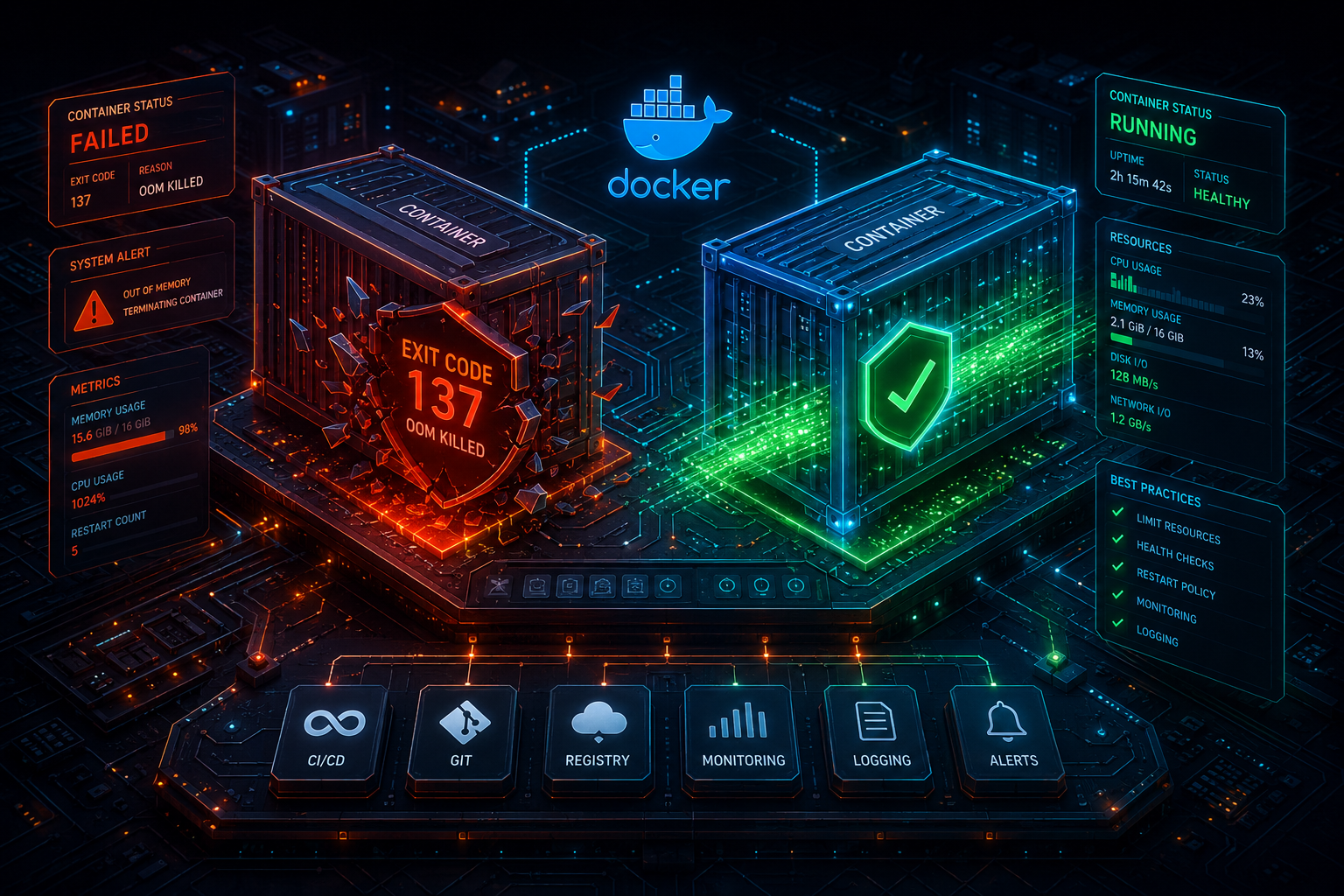 3D isometric DevOps architecture diagram illustrating a docker container exits immediately fix by optimizing cgroup memory allocation limits to resolve exit code 137.