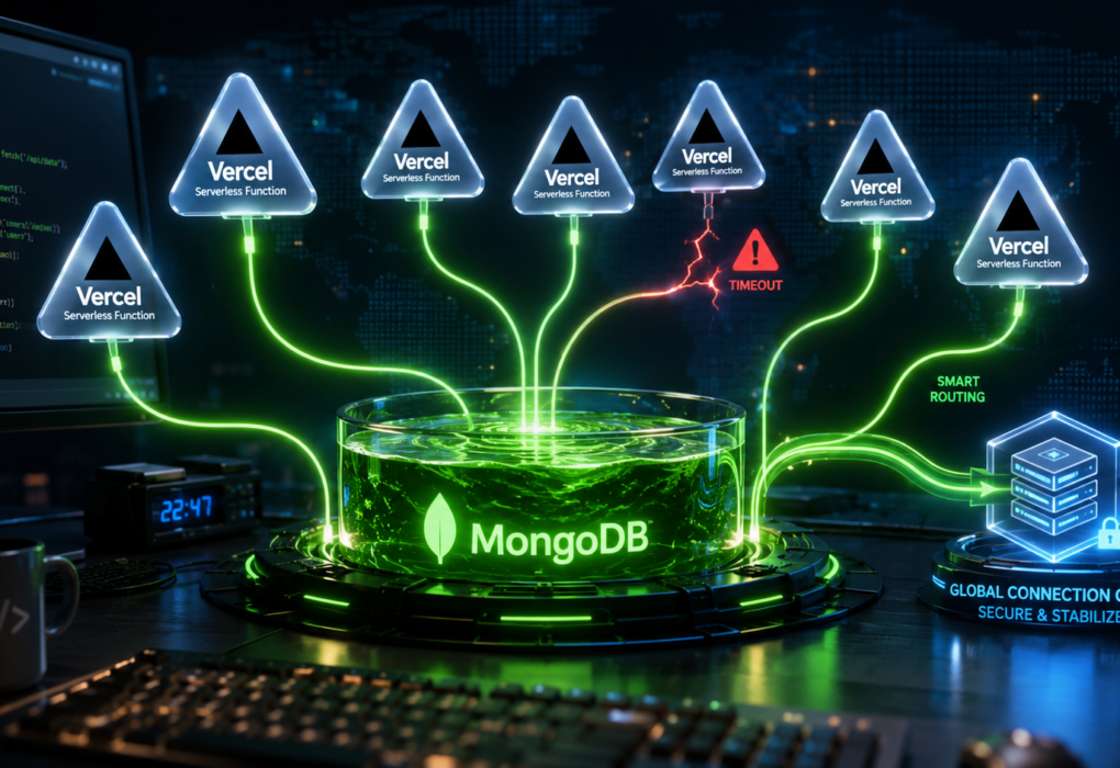 Mongoose connection pooling Vercel serverless timeouts fix concept illustration with database connections
