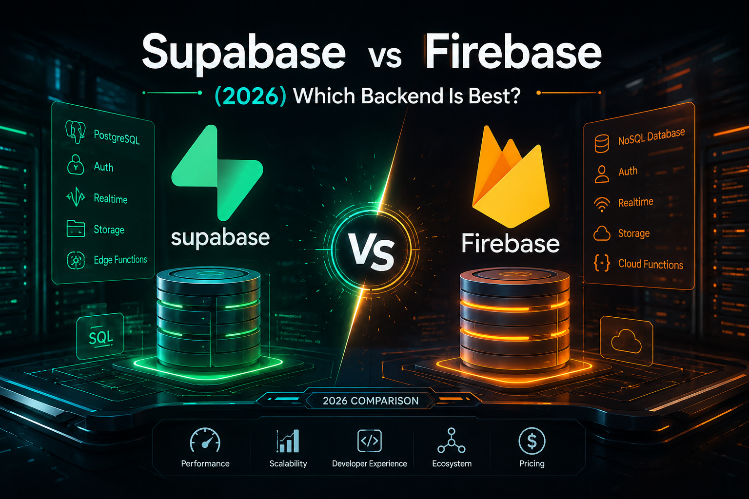 Supabase vs Firebase 2026 Backend Comparison Infographic showing SQL vs NoSQL, Auth, Realtime, and Cloud Functions