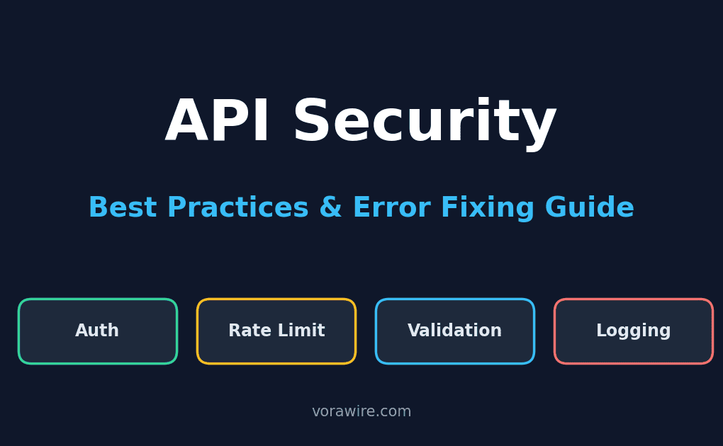 API security best practices and error fixing guide cover image showing authentication, rate limit, validation and logging