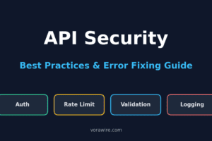 API security best practices and error fixing guide cover image showing authentication, rate limit, validation and logging